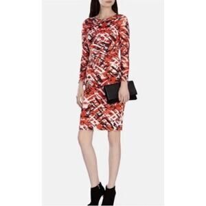 Karen Millen Bodycon Abstract Print Dress Womens 10 Orange Long Mesh Sleeve